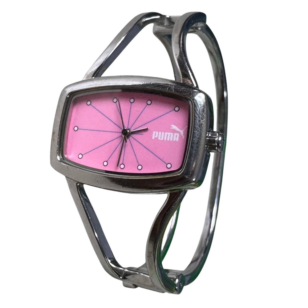 Puma Vintage Silver Tone Pink Dial Cuff Bangle Watch PU910602002 Japan Quartz